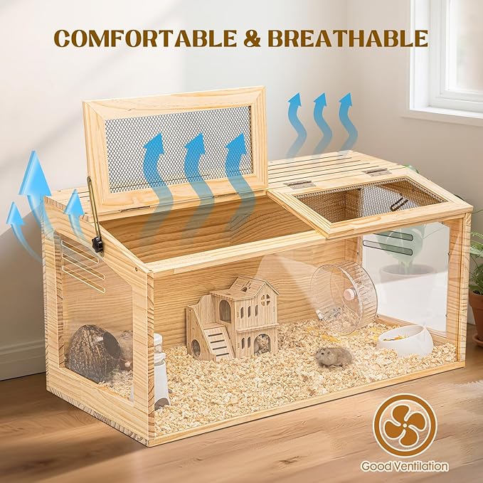 Hamster Cage 32" Wooden Chewproof, 270° Panoramic View Large Habitat with Bite-Proof Mesh, Top Dual Access Doors & Acrylic Panels, for Syrian/Dwarf Hamsters, Guinea Pigs, Chinchillas & Gerbils