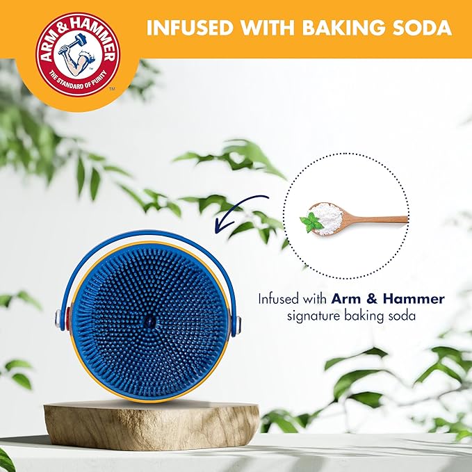 Arm & Hammer Soap Dispensing Dog Bath Brush with Baking Soda, Fill with Any Dog Shampoo, Silicone Scrubbing Nubs for Lathering & Deodorizing, Easy Grip Palm Brush for All Coat Types
