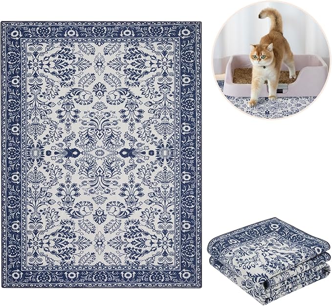 Lovewag Pets Washable Cat Litter Mat 2 PCs - Keep Litter Off Your Floors, Gentle on Paws, 36x48 Inches Large Size, Waterproof Non-Slip Reusable Compatible with Cat Box (Indigo Garden)