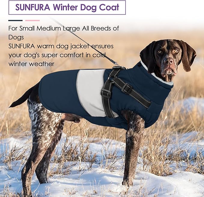 Dog Coat for Large Dogs, Warm Pet Jacket Winter with Harness Built in, Waterproof Pet Snow Jacket with Furry Collar, Reflective Fleece Snowsuit for Extra Large Dogs, Navy Blue XL