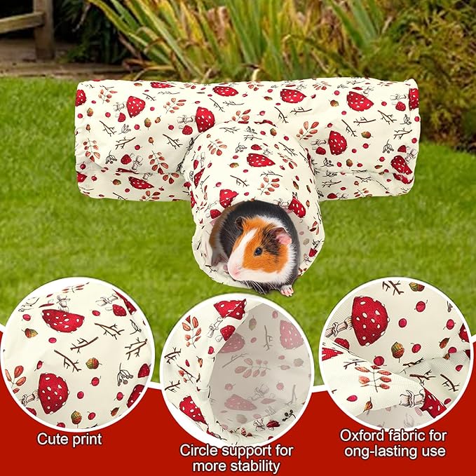 JarThenaAMCS Guinea Pig Tunnel 3 Way Washable Guinea Pig Hideout Foldable Rabbit Tunnel Red Beige Mushroom Small Animal Toy for Bunny Hamster Chinchilla Ferret Accessory
