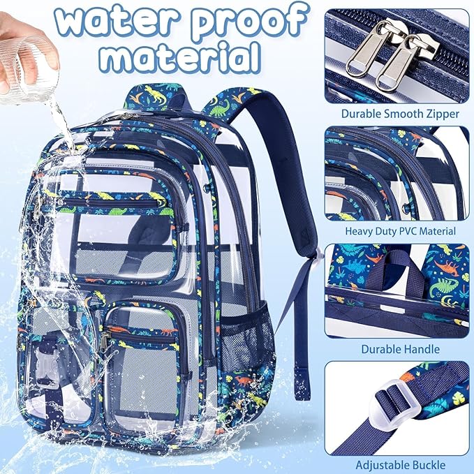 Fimibuke Clear Backpack for Boys, 3PCS Heavy Duty PVC Transparent Boys Backpack with Lunch Box & Pencil Case, School Stadium Event Approved Toddler School Bookbag for Preschool Kindergarten Elementary
