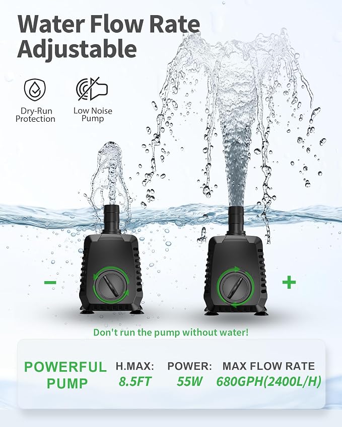 680GPH Submersible Pump(2400L/H, 55W), Ultra Quiet Fountain Pump with Over Heating Protection & Filter Sponge 8.5ft High Lift for Pond, Fish Tank, Aquarium, Hydroponics, Waterfall Q104