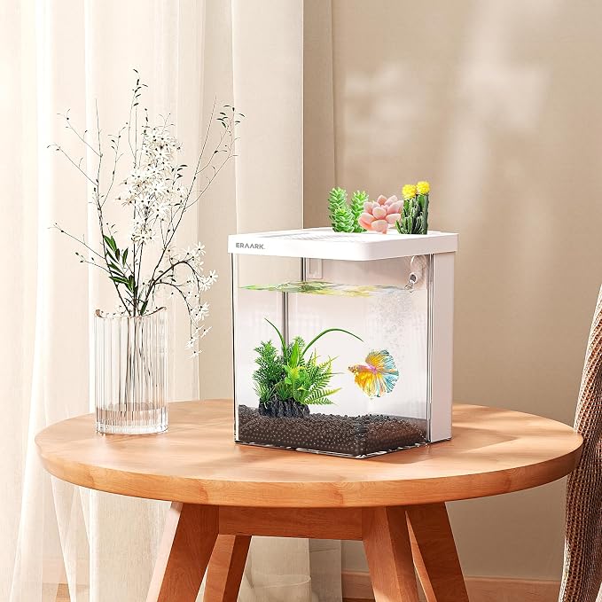Small Fish Tank Aquarium kit 1.5 Gallon Betta Fish Tank with Silent Water Pump Filter LED Light,Fish Bowl (White)