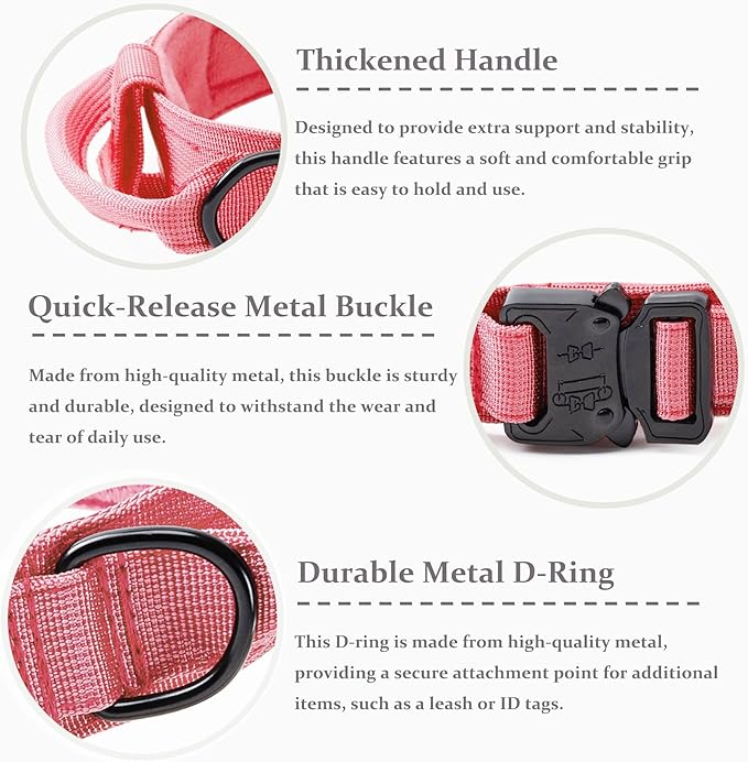 Tactical Dog Collar, Adjustable Military Training Nylon Dog Collar with Control Handle and Heavy Quick-Release Metal Buckle for Small Medium Large Dogs, Light Pink M