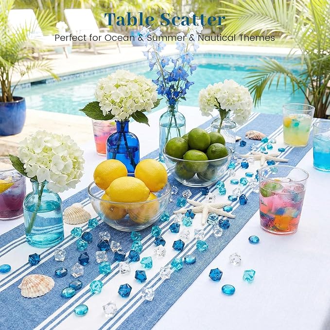 DomeStar 150 PCS Assorted Blue Fake Ice Rocks for Vase Fillers | Acrylic Crystals Gems Aquarium Gravels Small Rocks for Fish Tanks Decorations, Ocean Decor
