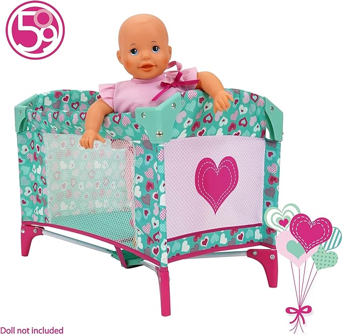 509 Crew: Mint Heart - Dream n' Fun Doll Play Yard - Pink & Green, Portable Sleep Crib, Storage Pockets, Toys-Dolls-Stuffed Animals Accessory, Kids 3+