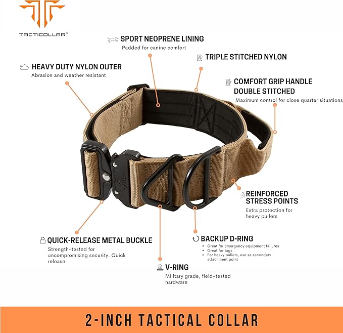 Tacticollar - 2 inch Tactical Dog Collar with Handle for Medium and Large Dogs, Mil Spec Nylon Collar, Quick-Release Metal Buckle, Neoprene Padded Inside (Large, Coyote Brown)