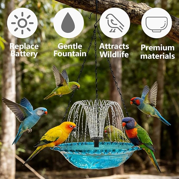 Hanging Solar Bird Bath Fountain with Solars Pump & Bowl & Chains Large Humming Solar Water Fountains with Flowing Water for Outdoor Garden Backyard Patio Lawn(Pink)