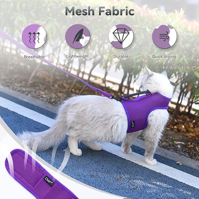 Cat Harness and Leash for Walking Escape Proof Breathable Mesh Fabric, Purple, Medium, Adjustable Cat Walking Jackets with Handle, Padded Stylish Cat Vest