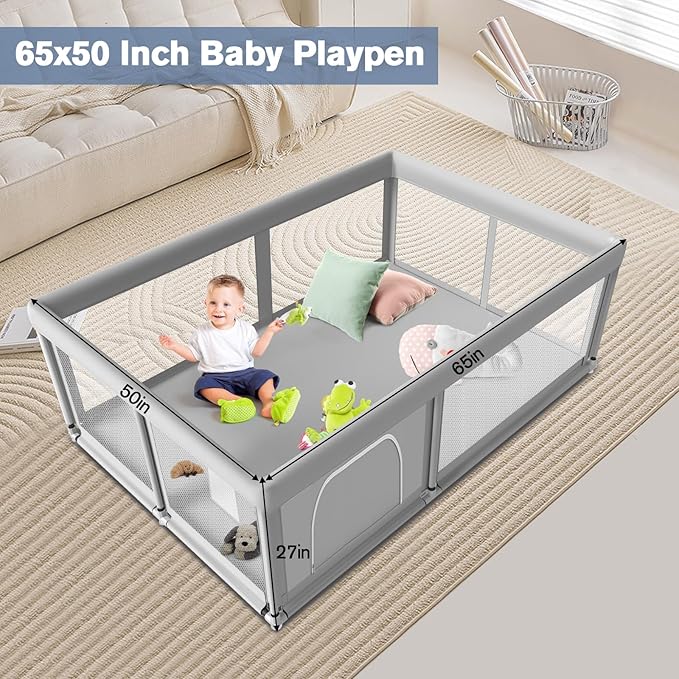 65×50 Inches Baby Playpen, Playpen for Babies and Toddlers, Baby Play Yards Indoor & Outdoor, Sturdy Safety Play Pen with Soft Breathable Mesh, Toddlers Activity Center with Anti-Slip Base