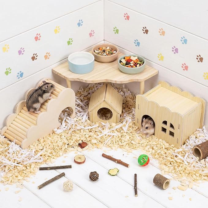 BreezeHug 4 Pcs Hamster Platform Hideout Wooden Tunnel Ladder Playhouse Hamster Game Climbing Toy with Platform Cage Accessories for Pets Dwarf Syrian Mice Degus Gerbils Squirrel(Wave House)