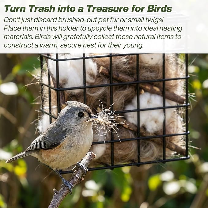 Bird Nesting Material Holder, Pet Fur Bird Nest Holder, with Jute Fiber & Red Ribbon to Attract Wild Birds, Reusable Bird Nesting Holder for Nest Building