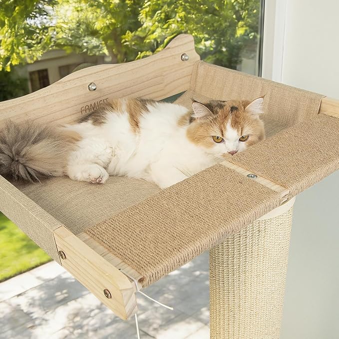 Cat Window Perch Hammock with 3-Piece Detachable Roman Column Sisal Scratching Posts, Drill-Free Suction Cup Mount, Extra Large for Large Cats & Maine Coons, 60 LBS Capacity