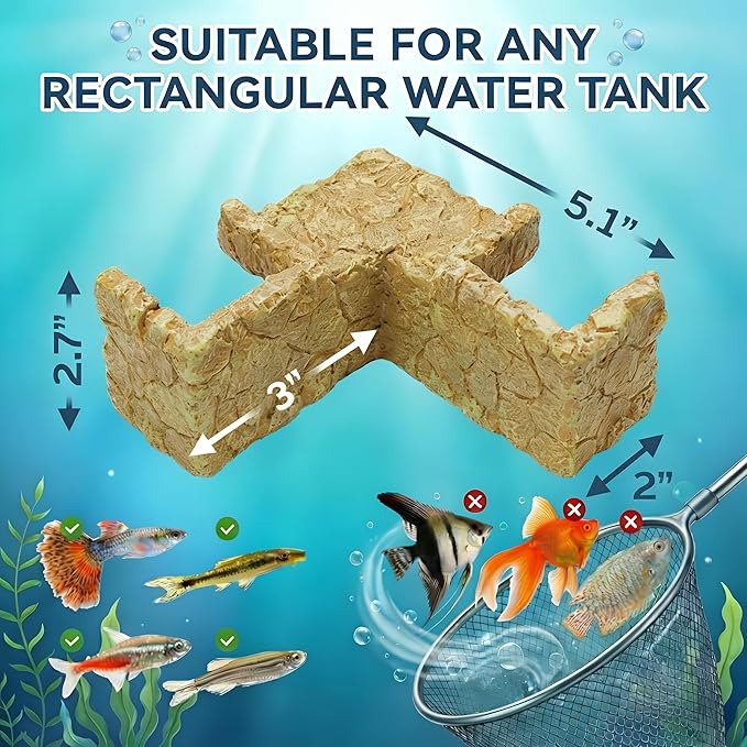 Aquarium Cave - Natural Resin Rock-Like Fish Tank Decorations & Accessories, 5.1” x 2” x 2.7” Safe Betta Hide & Tunnel for Guppy, Neon Tetra, Corydoras Catfish - Tank Decor