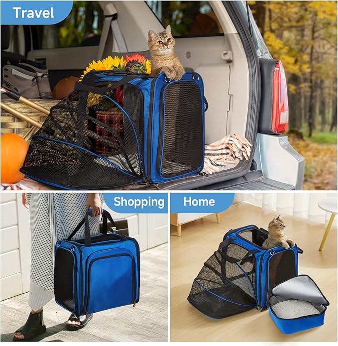 Expandable Cat Carrier with Litter Box, Extra Large Cat Carrier for Car Travel, 17.3"x16.2"x13" Portable Soft-Sided Pet Carrier, Long Road Trip Cage for Large/Medium Cats up to 30 lbs