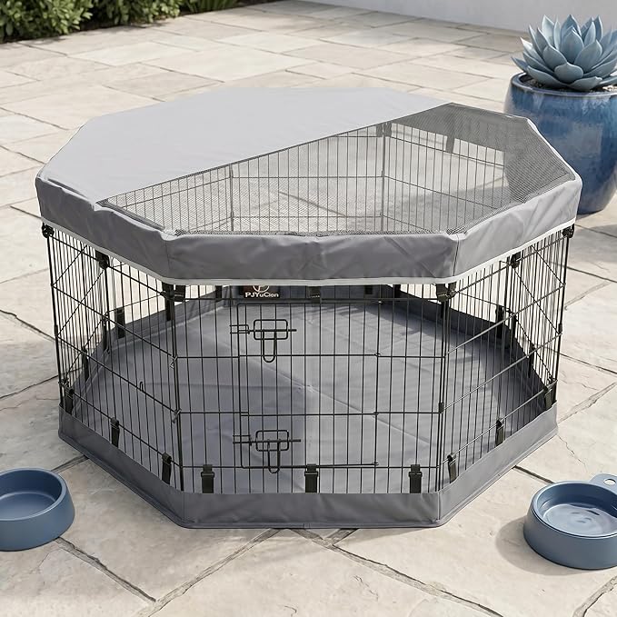 PJYuCien Dog Playpen with Top Cover and Bottom Pad - Metal Foldable Exercise Pen, 8 Panels 30" H x 24" W Indoor Outdoor Pet Fence Puppy Crate Kennel, Gray