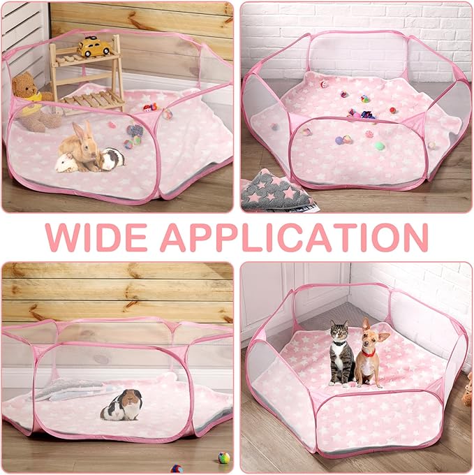 VitalCozy Hamster Playpen with Mat Small Animal Cage Tent Breathable Transparent Guinea Pig Playpen Waterproof Portable Yard Fence Mat Foldable Exercise Playpen Outdoor Indoor (Pink,Star)