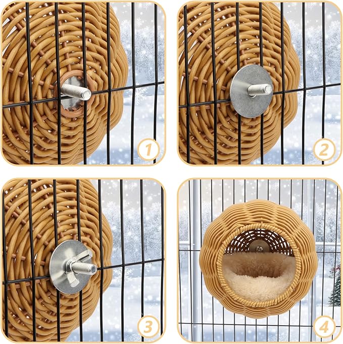 Hypeety Rattan Steel Frame Bird Nest for Cage Chewproof Parakeet Nest House Small Bird Bed Hammock with Removable Soft Plush Cushion for Small Parrots Budgies Canaries Cockatiels Finches Lovebirds