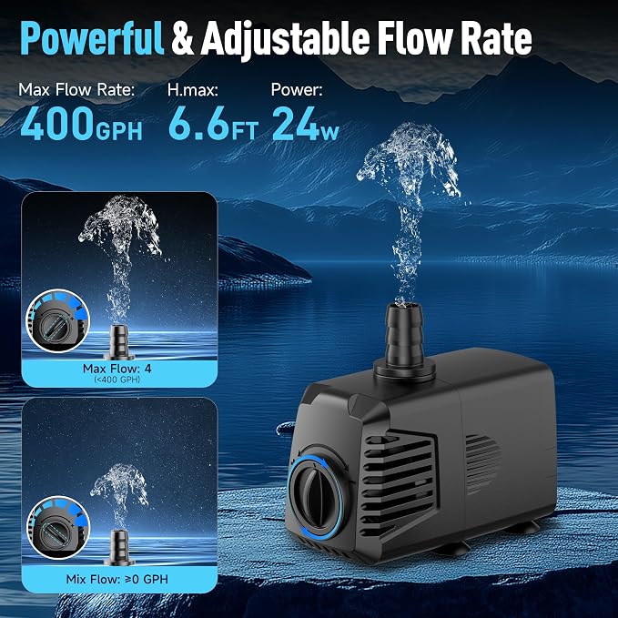 400GPH Submersible Water Pump, Water Fountain (1500L/H, 24W) with 6.6FT High Lift Adjustable & 2 Nozzles & 9.8FT Cord, Ultra Quiet Aquarium Pump for Pond Fountain Waterfall Hydroponics-Q103