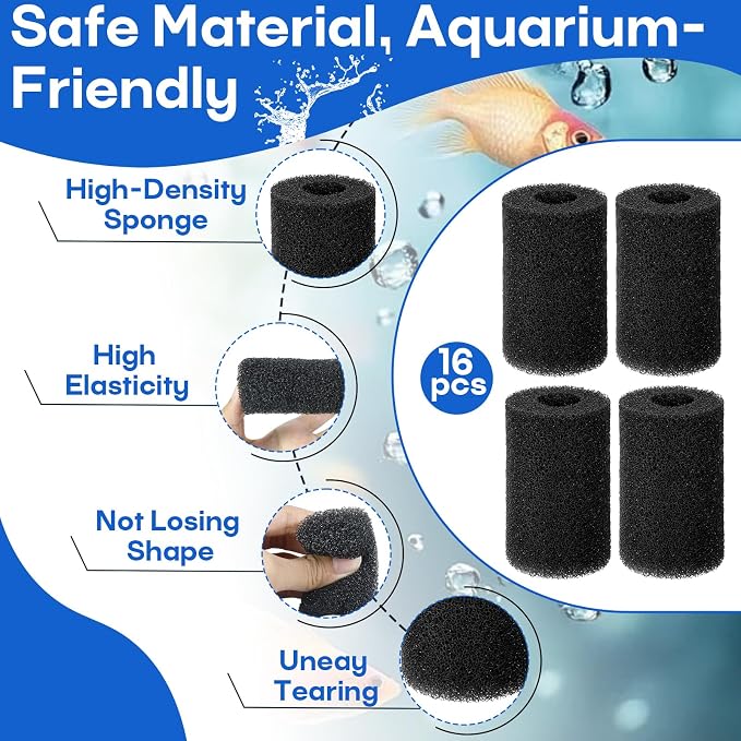 16-Pack Prefilter Sponge Replacement, Aquarium Filter Intake Sponges | Preventing Clogging and Extending the Lifespan of the Water Pump