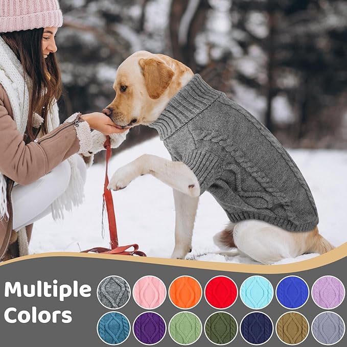 Queenmore Small Dog Pullover Sweater, Cold Weather Cable Knitwear, Classic Turtleneck Thick Warm Clothes for Chihuahua, Bulldog, Dachshund, Pug (Slate Grey, Large)