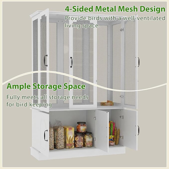 70.8" Tall White Bird Cage with Storage Cabinet, Large Flight Parrot Cage with Lock and 4-Sided Metal Mesh Design, DIY-Friendly, 47.2" Wide Bird Cages for Parakeets, Cockatiels, Finches