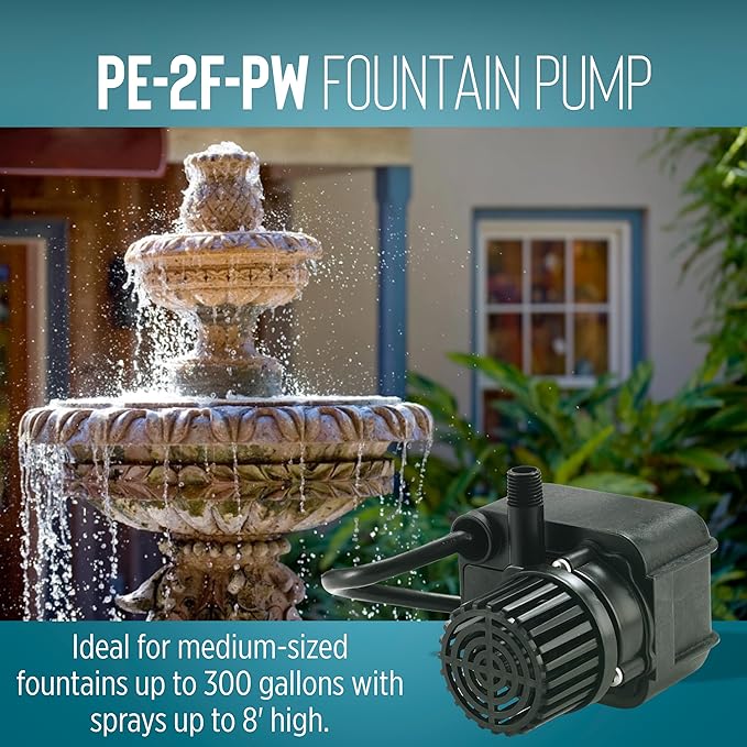 Little Giant PE-2F-PW 115 Volt, 1/40 HP, 300 GPH Submersible Direct Drive Pump for Small Ponds or Fountains with 15-Ft. Cord, Black, 566611