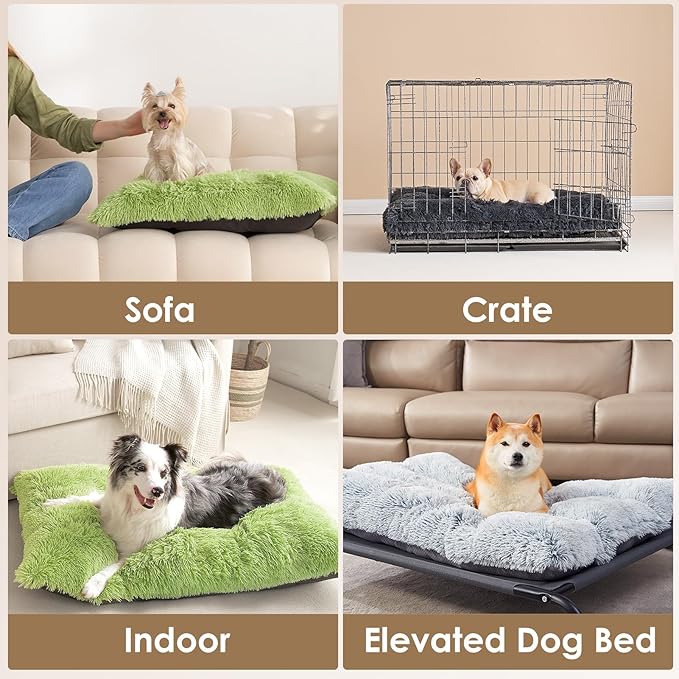 EHEYCIGA Fluffy Dog Crate Bed for Small Dogs, Plush Faux Fur Crate Pad, Calming Anti Anxiety Small Dog Bed, Washable Soft Warm Mat with Non-Slip Bottom, Green