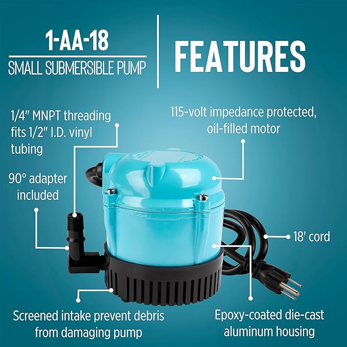 Little Giant 1-AA-18 115 Volt, 1/200 HP, 170 GPH Small Submersible Permanently Oiled Pump for Fountains, Water Displays and Air Conditioners, 18-Foot Cord, Blue, 500500