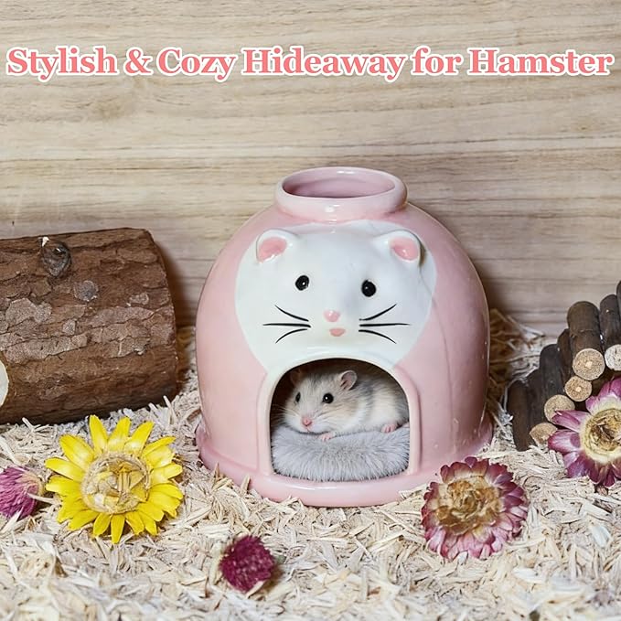 Ceramic Hamster Hideout Syrian Hamster House and Habitat Gerbil Hideaway Cooling Cave for Rat Mice Cage Decor Accessories (Pink)