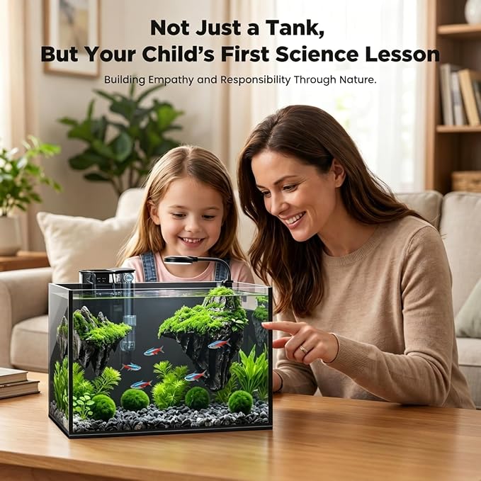 2 Gallon Small Fish Tank Starter Kit with Light, Filter and Mountain Decor | Desktop Betta and Shrimp Habitat with Lid, Gravel, Plants and Aquascaping Tools for Beginners