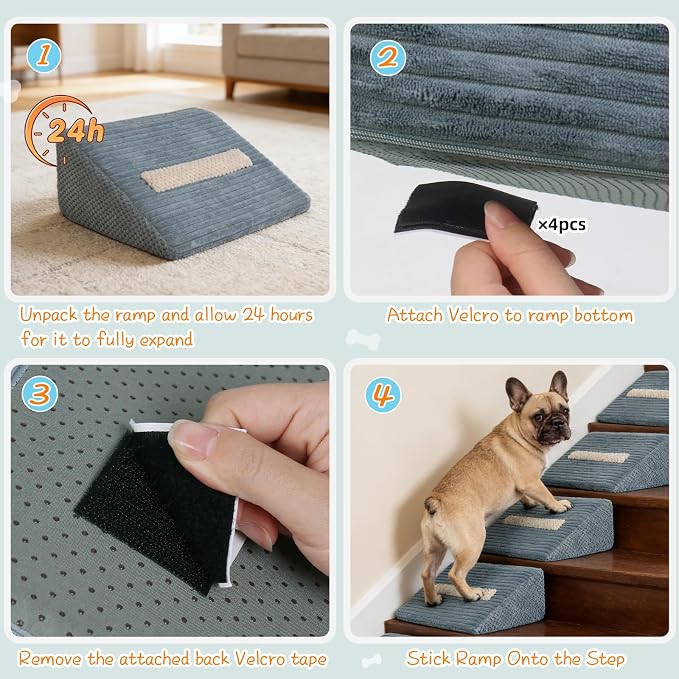 Foam Dog Ramp for Stairs, Low-Impact Climbing Dog Stairs for Senior Dogs | 5.1"H, 2 Pack, 40D High-Density Foam Won't Collapse, Protects Joints, Anti-Slip & Self-Sticky Pads, Washable Cover, Grey