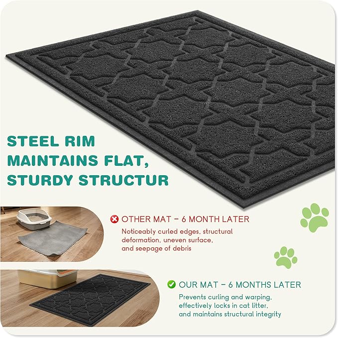 Yimobra Cat Litter Mat, Litter Trapping Waterproof Non Slip PVC Mat, Scatter Control Easy Clean for Litter Box, 35.4"x23.6", Black