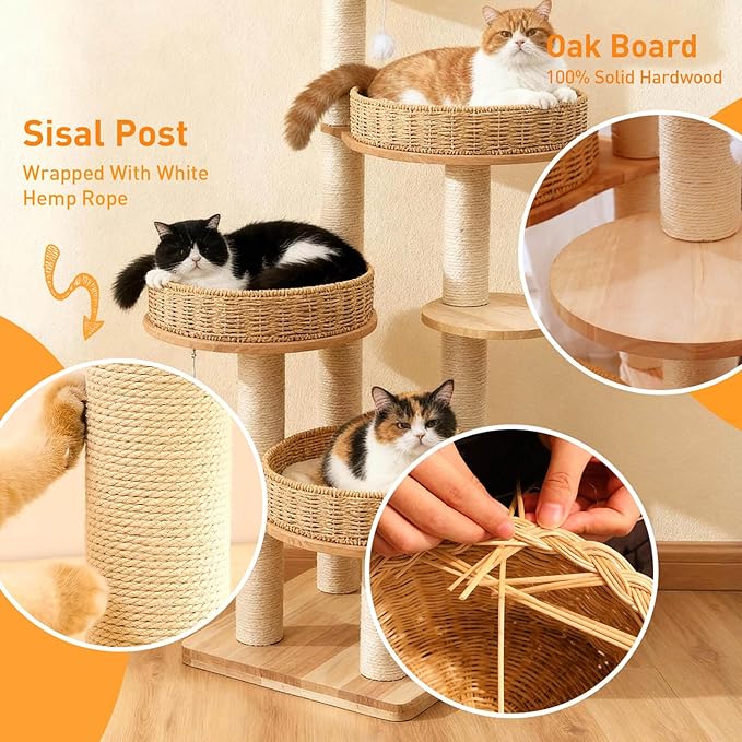 Modern Cat Tree for Indoor Cats Large Adult, 54''Tall Cat Tower with Scratching Post, Wood Cat Tree for Large Cats with Multi-Levels, 4 Weaving Washable Handwoven Rattan Cat Condo
