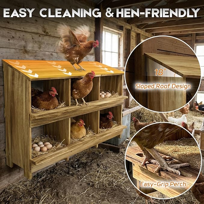 6 Holes Gold Standard Chicken Nesting Box for Laying Eggs, Two-Tier Wooden Nesting Boxes for Chickens, Farmhouse Series Laying Box for Hens, Ducks and Birds