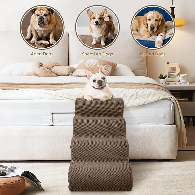 PAWSCRAT Pet Stairs for Dogs 4-Step, 19.6" H Pet Stairs for High Bed, Couch Sofa & Chair, 30D Material Soft Foam Dog Steps with Non-Slip Bottom Surface Removable Washable Cover, Brown