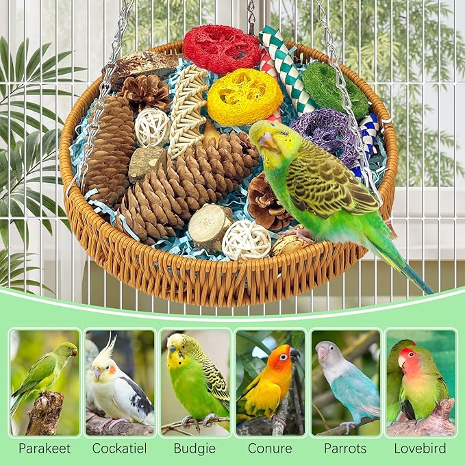 BNOSDM Rattan Bird Foraging Box 19 Pcs Natural Parrot Shredding Toys Boxes Colorful Bird Chewing Toy for Cockatiel Budgie Parakeet Conure Lovebird African Grey