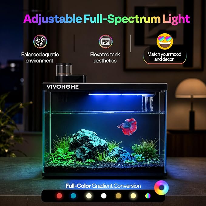 VIVOHOME 5 Gallon Smart Fish Tank with APP Control and Auto Feeder | Aquarium Starter Kit with Filter and Pump, Temperature Display, RGB LED Light, Self Cleaning Betta Fish Tank for Desktop