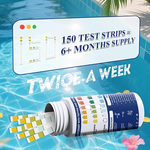A QUILA Pool Water Test Strips Kit, 3 Way 150CT Spa Test Strips for Hot Tub | Swimming pool chemical test kit for above-ground underground pool water testing pH, Alkalinity, Chlorine