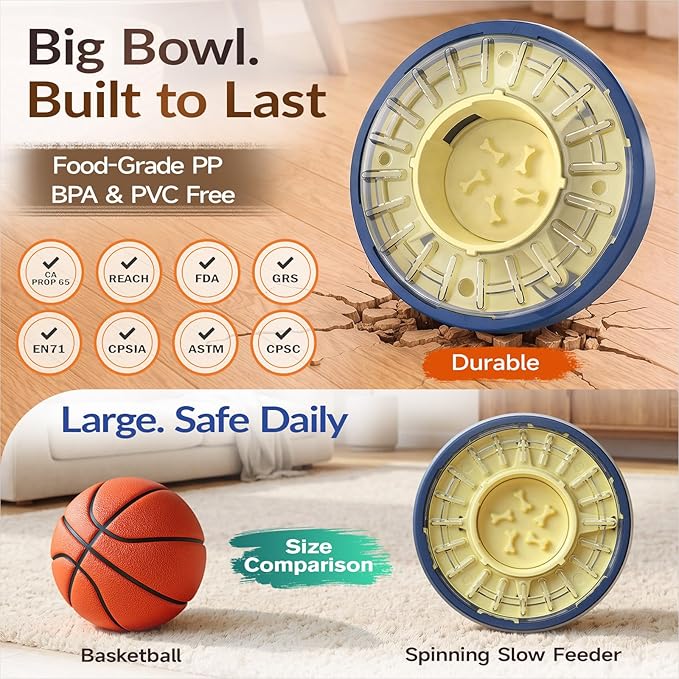 KADTC 5-60 Min Adjustable Slow Feeder Bowl for Fast Eaters, Spinning Dog Puzzle Feeder, Anti-Gulping Interactive Food Dispenser, 4-Cup Capacity, Mental Enrichment Treat Toy