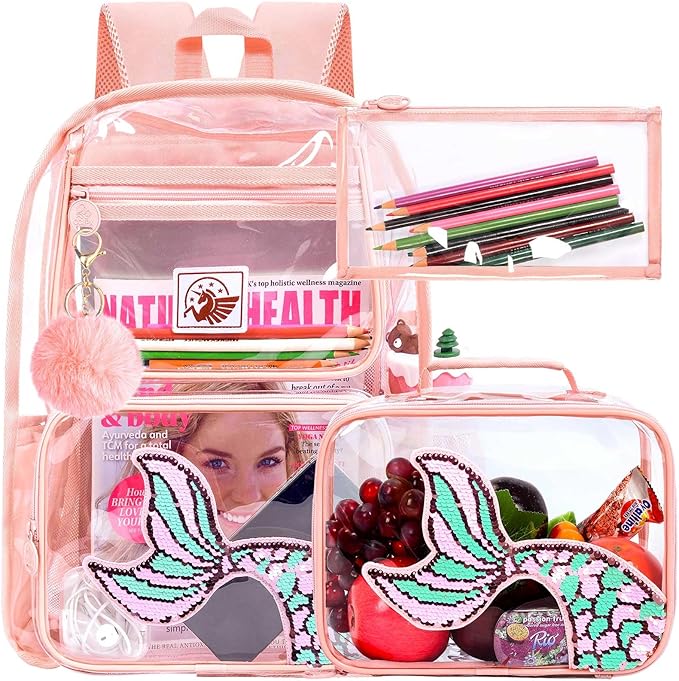 Clear Backpack for Girls and Boys, Kids Transparent Bookbag, 3PCS Cute See Through School Bag for Elementary Prechool