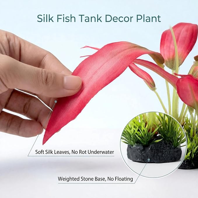 2 Pack Silk Aquarium Plants, 8 Inch Fish Tank Decor | Artificial Fish Tank Plants, Stable Rock Base, Soft Fabric Leaves, For Betta, Goldfish, Tropical Freshwater Aquariums