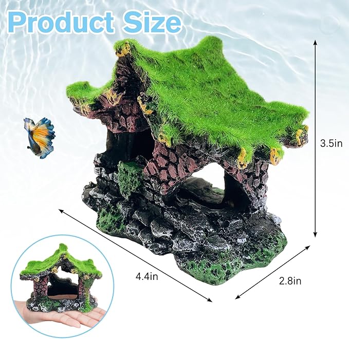 Hamiledyi Resin Hollow Hideout House for Aquarium Decoration Fish Tank Accessories Betta Cave with Lifelike Moss for Shrimp Fish Shelter