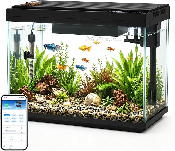 Vehipa Smart Fish Tank, 5 Gallon Aquarium Kit Ultra-White Glass | with App Control, Heating, Multi-Filtration System, Auto Feeder, 8-Color LED Light