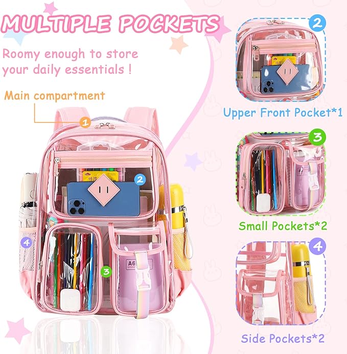 PIG PIG GIRL Clear Backpack for School,Heavy Duty PVC Transparent Bookbag for Girls Stadium Approved See Through Backpack