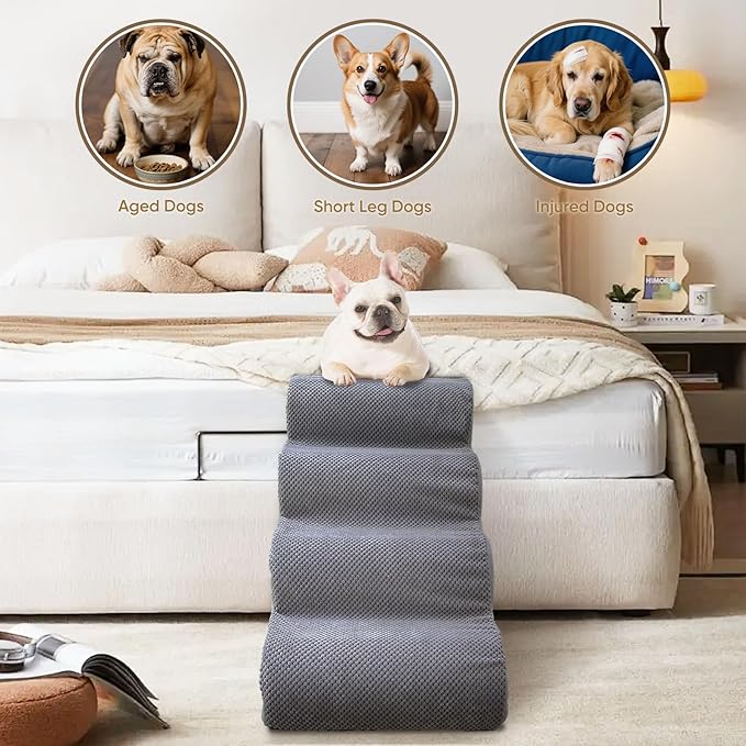 PAWSCRAT Pet Stairs for Dogs 5-Step, 22.8" H Pet Stairs for High Bed, Couch Sofa & Chair, 30D Material Soft Foam Dog Steps with Non-Slip Bottom Surface Removable Washable Cover, Grey