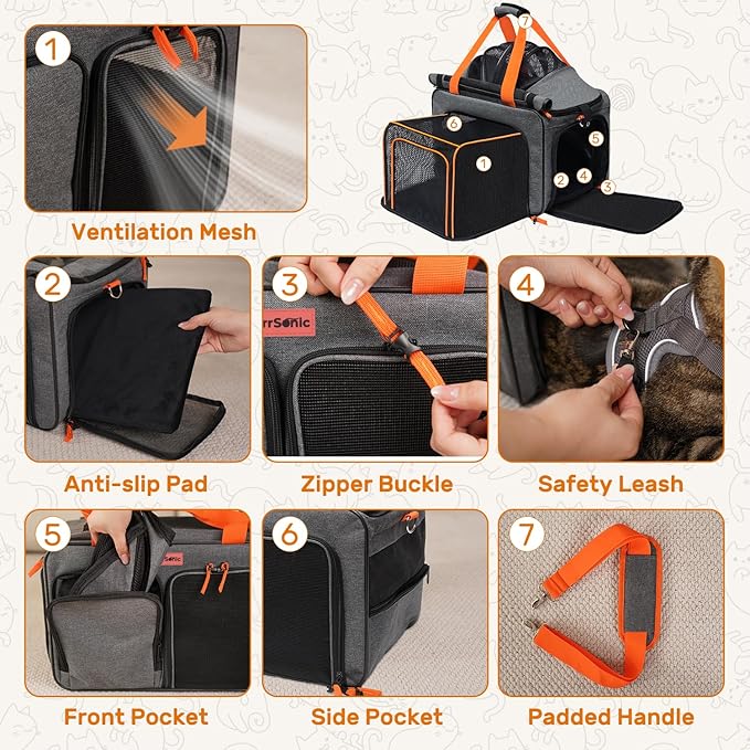 Cat Carrier Soft Sided Airline Approved for Small Pet Dog Travel, Collapsible Top Loading Bag for Medium Animal Kitten Puppy Long Car Trip, Expandable Fabric Sturdibag for Kitty Under 20 lb