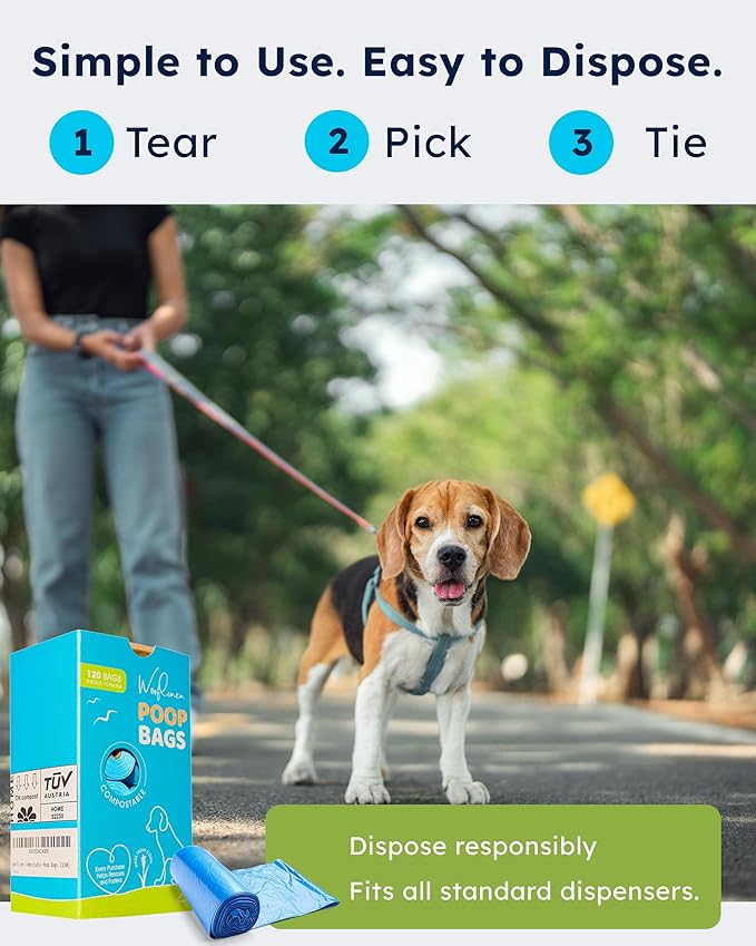 Wooflinen Unscented Compostable Dog Poop Bags – Leak-Proof Dog Poop Bags Rolls – Large 9x13”, Durable, Easy Tear – Made from Plant-Based Materials – For Big & Small Dogs – 120 Bags (8 Rolls)