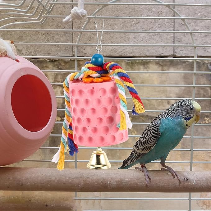 Luxshiny Mineral Block Bird Chewing with Bell for Parrots and Parakeets Beak Grinding Stone Cage Accessory for African Grey Cockatiels Interactive Chew for Boredom Relief and Play